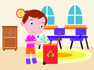 Children vector concept: Little boy collecting rubbish to the bin while standing at home