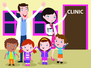 Children vector concept: Group of little children visiting clinic together while standing with young pediatrician