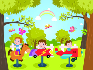 Children vector concept: Group of little children playing in amusement park while riding horse and plane toys