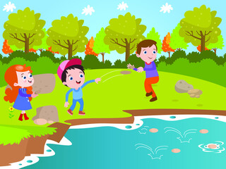 Obraz na płótnie Canvas Children vector concept: Group of children playing on the riverside by throwing rock to the river together