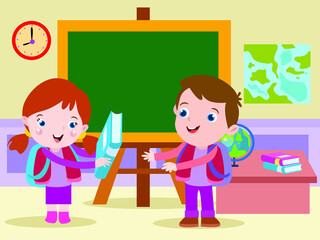 Back to school vector concept: Schoolgirl giving book to her classmate while standing together in the classroom