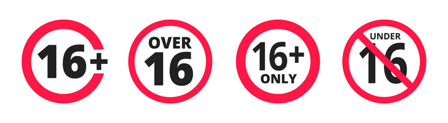 Under 16 forbidden round icon sign vector illustration. Sixteen or older persons adult content 16 plus only rating isolated on white background.