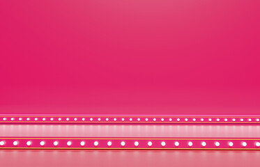 Blue empty stage with fluorescent lamps. Banners of shining parties on the background. 3D render.