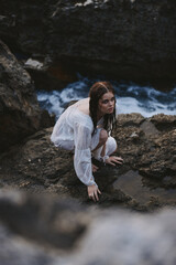 woman traveler white dress standing outdoor Lifestyle