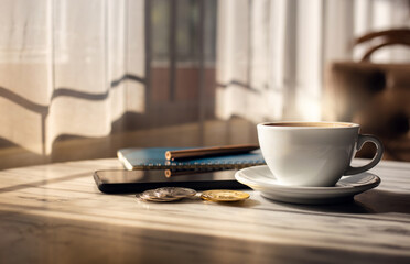 Close up of white coffee cup with golden and silver bitcoin, smartphone and note book on desk, Concept trading on the cryptocurrency exchange, vintage tone