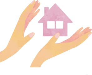 手と住宅（差し出した両手の間に浮かぶピンクの家・住宅）