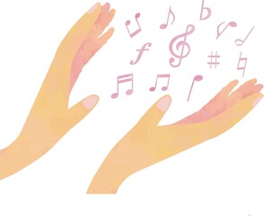 手と音符（差し出した両手の間に浮かぶピンクの音符）
