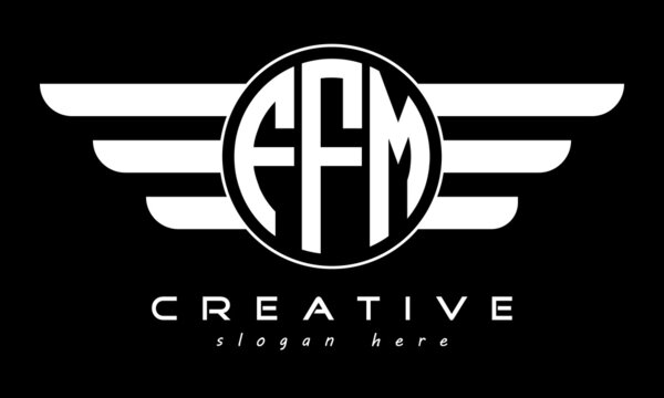 FFM three letter monogram type circle letter logo with wings vector template.