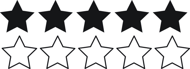 Obraz premium Five star product rating review clipart on white background. set of black filled color and outline five star rating icon vector illustration.