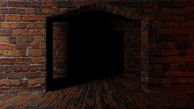 camera flight through a brick corridor of stone arches. looped abstract animated screensaver background. endless tunnel. 3d render