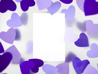 Very peri, hearts in trending color on a white foggy background. Cards for Valentines Day in purple tones.