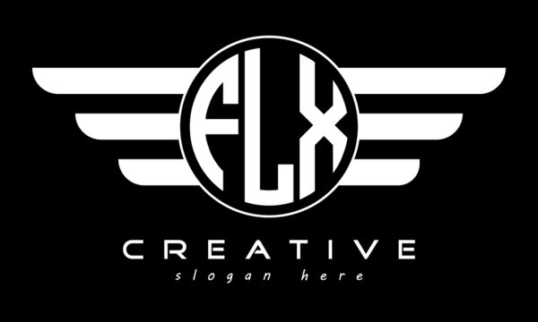 FLX three letter monogram type circle letter logo with wings vector template.