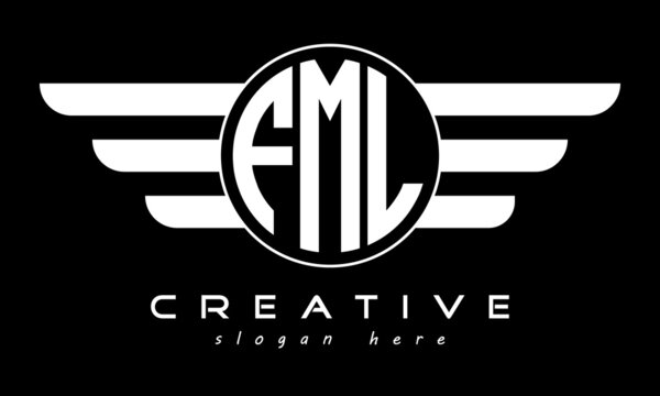 FML three letter monogram type circle letter logo with wings vector template.