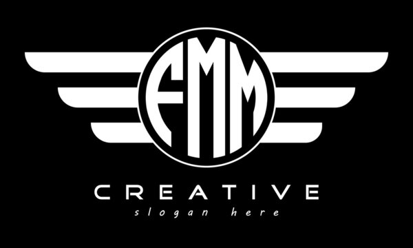 FMM three letter monogram type circle letter logo with wings vector template.