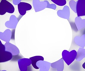 Very peri, hearts in trending color on a white foggy background. Cards for Valentines Day in purple tones.