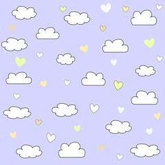 Blue background with clouds and hearts, seamless  clouds pattern vector drawing