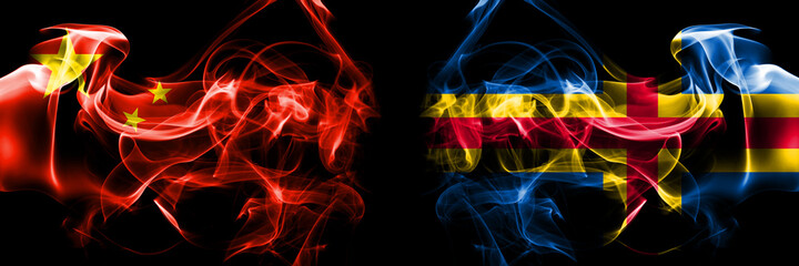 Flags of China, Chinese vs Aland, Alandic. Smoke flag placed side by side on black background.