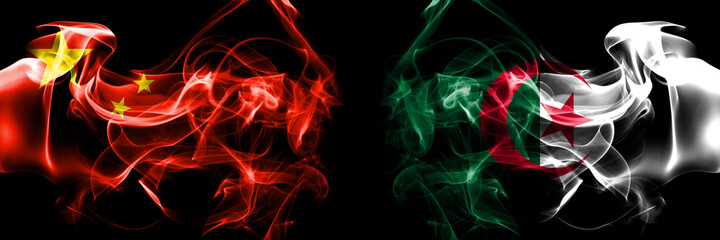 Flags of China, Chinese vs Algeria, Algerian. Smoke flag placed side by side on black background.