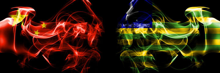 Flags of China, Chinese vs Brazil, Brazilian, Piaui. Smoke flag placed side by side on black background.