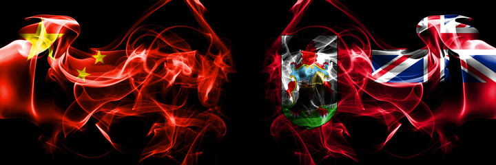 Flags of China, Chinese vs British, Britain, Bermuda. Smoke flag placed side by side on black background.