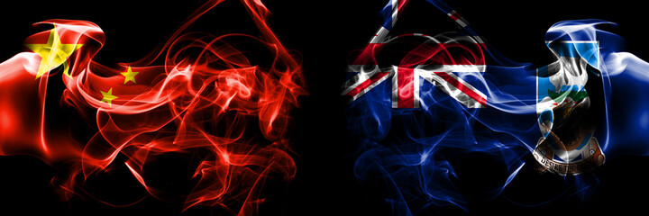 Flags of China, Chinese vs British, Britain, Falkland Islands. Smoke flag placed side by side on black background.