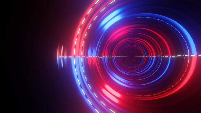 flyby of the camera through the red-blue rings with glowing lines on a black background. looped abstract animated screensaver background. endless tunnel. 3d render
