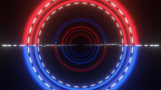 flyby of the camera through the red-blue rings with glowing lines on a black background. looped abstract animated screensaver background. endless tunnel. 3d render