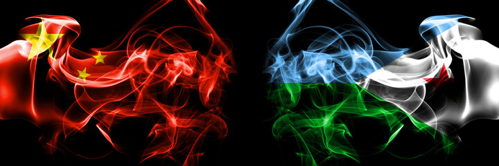 Flags of China, Chinese vs Djibouti, Djiboutian. Smoke flag placed side by side on black background.