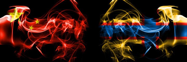 Flags of China, Chinese vs Ingrian people. Smoke flag placed side by side on black background.