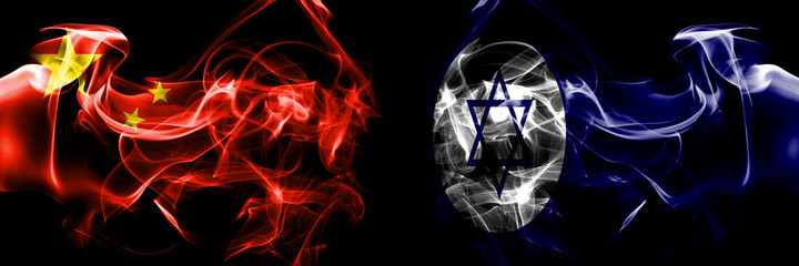 Flags of China, Chinese vs Israel, Civil Ensign. Smoke flag placed side by side on black background.