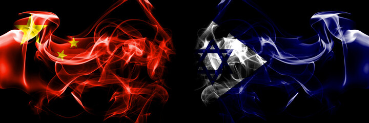 Flags of China, Chinese vs Israel, Naval Ensign. Smoke flag placed side by side on black background.