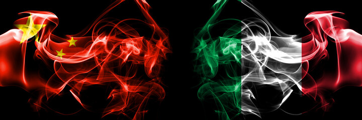 Flags of China, Chinese vs Italy, Italian. Smoke flag placed side by side on black background.