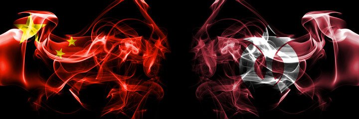 Flags of China, Chinese vs Japan, Japanese, Aichi Prefecture. Smoke flag placed side by side on black background.
