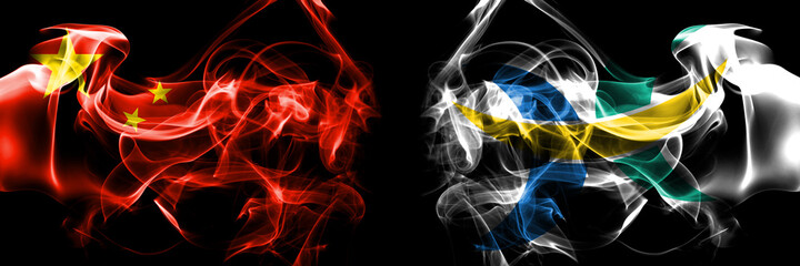 Flags of China, Chinese vs Japan, Japanese, Hokuto, Hokkaido, Oshima, Subprefecture. Smoke flag placed side by side on black background.