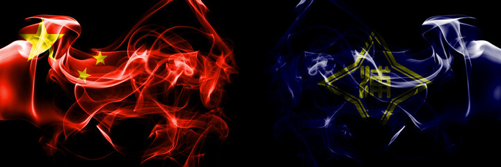 Flags of China, Chinese vs Japan, Japanese, Urahoro, Hokkaido, Tokachi, Subprefecture. Smoke flag placed side by side on black background.