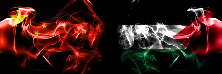 Flags of China, Chinese vs Palestine, Palestinian. Smoke flag placed side by side on black background.