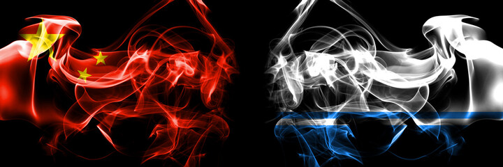 Flags of China, Chinese vs Russia, Altai Republic. Smoke flag placed side by side on black background.