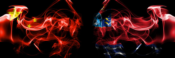 Flags of China, Chinese vs Russia, Russian, Magadan Oblast. Smoke flag placed side by side on black background.