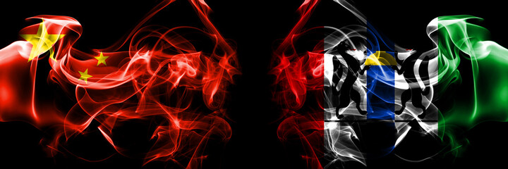 Flags of China, Chinese vs Russia, Russian, Novosibirsk oblast. Smoke flag placed side by side on black background.