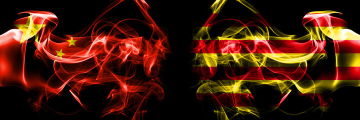 Flags of China, Chinese vs Spain, Spanish, Catalonia, Senyera. Smoke flag placed side by side on black background.
