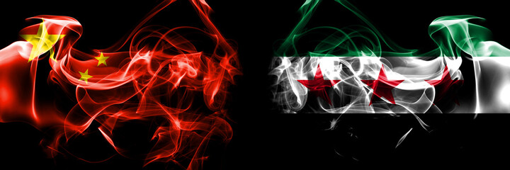 Flags of China, Chinese vs Syria, Syrian Arab Republic, three stars. Smoke flag placed side by side on black background.