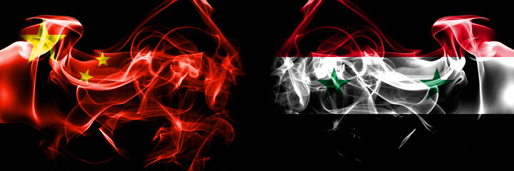 Flags of China, Chinese vs Syria, Syrian. Smoke flag placed side by side on black background.