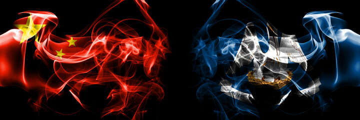 Flags of China, Chinese vs United States of America, America, US, USA, American, Louisiana. Smoke flag placed side by side on black background.