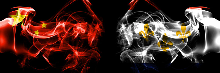 Flags of China, Chinese vs United States of America, America, US, USA, American, New Orleans, Louisiana. Smoke flag placed side by side on black background.