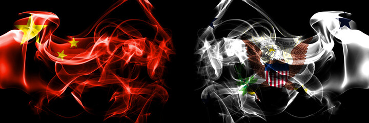 Flags of China, Chinese vs United States of America, America, US, USA, American, Vice President. Smoke flag placed side by side on black background.