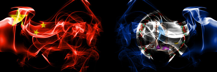 Flags of China, Chinese vs United States of America, America, US, USA, American, Virginia. Smoke flag placed side by side on black background.
