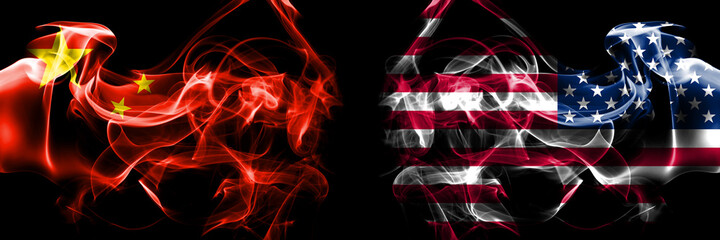 Flags of China, Chinese vs United States of America, America, US, USA, American. Smoke flag placed side by side on black background.