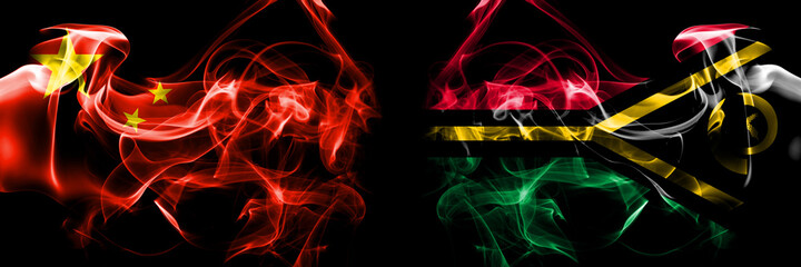 Flags of China, Chinese vs Vanuatu. Smoke flag placed side by side on black background.