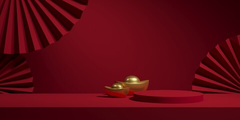 Asian background concept, mock up scene with podium geometry shape for Chinese new year event. 3D rendering