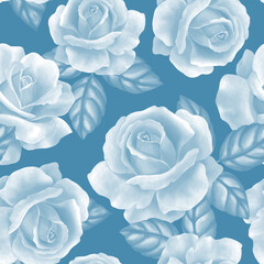 Blue monochrome seamless pattern of rose flowers
